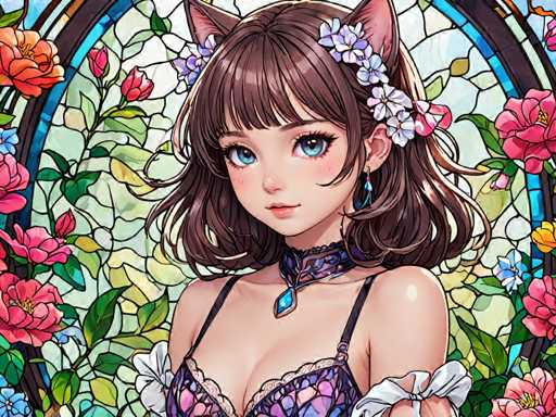 The image depicts a woman with long brown hair and blue eyes wearing a purple braided dress adorned with white flowers. She is standing against a backdrop of a stained glass window filled with pink and red flowers, creating an ethereal atmosphere around her. The woman's gaze is directed towards the viewer, suggesting she is aware of their presence.