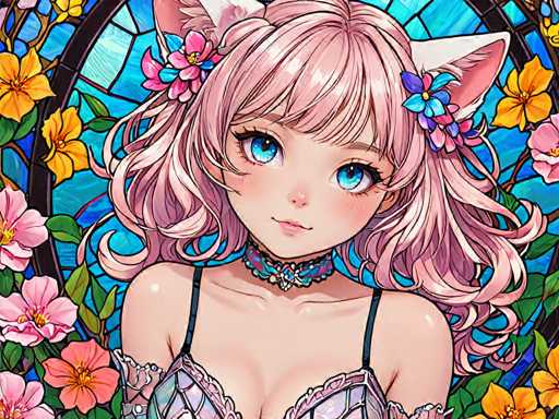 The image depicts a young girl with long, curly hair and blue eyes wearing a pink dress adorned with flowers. She is looking directly at the camera with an expression of curiosity or interest. The background features a stained glass window filled with vibrant colors and floral patterns in shades of pink, yellow, and green.