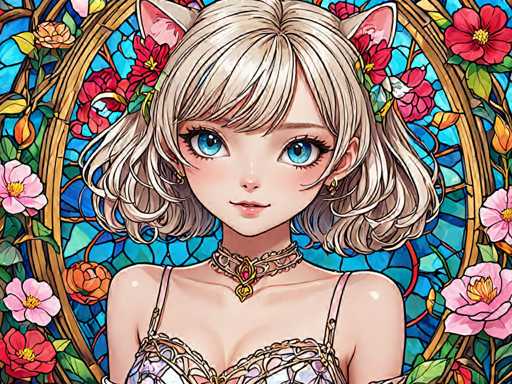 The image depicts a young girl with blonde hair and blue eyes wearing a white dress adorned with gold accents. She is positioned against a backdrop of flowers and leaves, suggesting an outdoor setting or garden. The girl's gaze is directed straight at the camera, creating a sense of connection between her and the viewer.