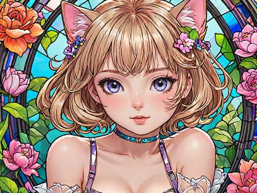 The image depicts a young girl with blonde hair and blue eyes wearing a purple dress adorned with flowers. She is looking directly at the camera with an expression of curiosity or interest. The background features a stained glass window filled with pink roses and green leaves, creating a vibrant and colorful scene that complements the girl's attire.