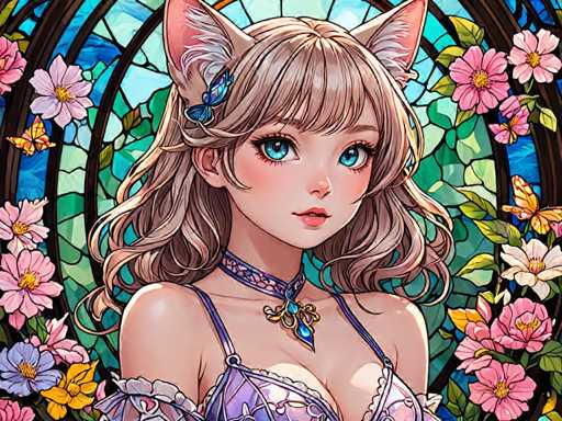 The image depicts a woman with long blonde hair and blue eyes wearing a purple dress adorned with a gold necklace and earrings. She is standing against a backdrop of a stained glass window filled with pink flowers and green leaves. The colors in the scene are predominantly pink, white, and green, creating a harmonious and visually appealing composition.
