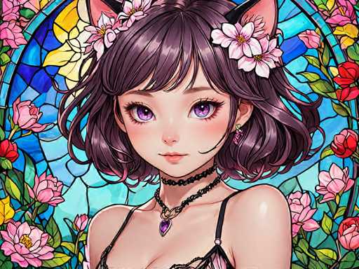 The image depicts a woman with long brown hair and dark eyes wearing a black braided necklace and earrings. She is looking directly at the camera against a backdrop of pink flowers and blue stained glass windows. The style of the illustration appears to be cartoon-like or anime-inspired, characterized by its vibrant colors and detailed character design.