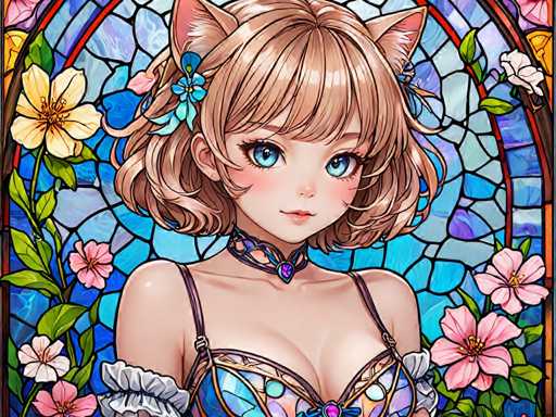 The image depicts a woman with blonde hair and blue eyes wearing a blue dress adorned with a gold chain. She is positioned against a backdrop of flowers and plants, suggesting an outdoor setting or garden. The colors used in the illustration are predominantly blue, pink, and white, creating a harmonious and visually appealing composition.