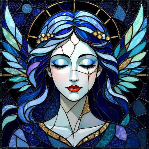 A detailed, vibrant stained-glass illustration of a serene woman with flowing blue hair and large wings. The style is reminiscent of Art Nouveau or stained-glass art, with intricate details in the glasswork. The woman has closed eyes and a gentle expression, her lips painted a deep red. Her wings are a mix of blue, teal, and gold, with delicate feather-like patterns. The background is a deep black, creating a contrast that highlights the woman's figure and wings. The overall mood is one of tranquility, magic, and ethereal beauty.