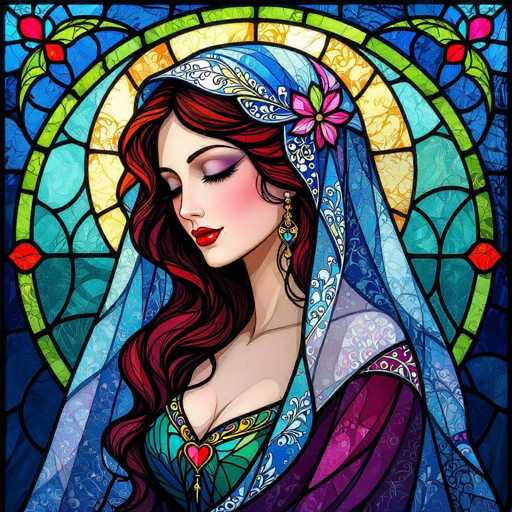 A digital painting in the style of stained glass art, depicting a beautiful woman with long, flowing red hair and a serene expression. She is wearing a blue headscarf adorned with intricate patterns, and a green dress with gold accents. Her eyes are closed, and her lips are painted a deep red. She is wearing ornate gold earrings with a pink flower detail. The background is a vibrant, colorful stained glass window design with geometric patterns and a golden halo effect around her head. The overall style is detailed, intricate, and evokes a sense of fantasy and elegance.