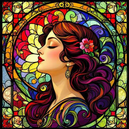 A vibrant, detailed digital painting in the style of a stained-glass window. The central focus is a beautiful woman with long, flowing hair in shades of fiery red and deep purple. She has a serene expression, her eyes closed, and is wearing a golden earring adorned with a pink flower. Her skin has a warm, rosy tone, and her lips are painted a deep red. She is positioned in the center of a circular frame filled with intricate, colorful patterns reminiscent of Art Nouveau or psychedelic designs. The background is a mix of vibrant colors like blue, green, yellow, and orange, creating a dreamlike atmosphere. The overall style is highly detailed and uses bold, contrasting colors to create a visually stunning piece of art.