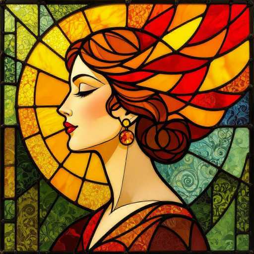 A detailed digital painting of a woman's profile, rendered in the style of stained glass art. The artwork features a stylized portrait with vibrant, warm colors – predominantly oranges, reds, and yellows – creating a sunburst effect around the woman's head. Her hair is depicted as flowing, stylized strands of red and orange, with a dark brown base. She has delicate features, including closed eyes, rosy cheeks, and red lips. Her dress is a rich burgundy with gold accents, and she wears large, ornate orange earrings. The background of the artwork is a mosaic of different colored glass panes, with intricate patterns and textures adding depth to the image. The overall style is reminiscent of Art Nouveau or Art Deco, with a focus on decorative elements and bold color palettes. The lighting is soft and diffused, highlighting the woman's profile and creating a sense of warmth and elegance.