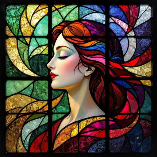A digital painting in the style of a stained-glass window, depicting a woman with flowing red hair and a serene expression. The woman is in profile, her eyes closed, and her lips are painted a vibrant red. She wears a colorful garment with swirling patterns of red, blue, yellow, and purple. The background is filled with intricate geometric patterns in various shades of green, blue, and gold, creating a sense of depth and luminosity. The overall style is reminiscent of Art Nouveau or Art Deco, with a focus on intricate details and vibrant colors.