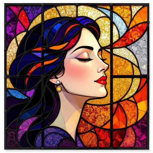 A digital artwork in the style of a stained-glass window, depicting a woman with long, flowing hair. The artwork features a vibrant color palette and intricate patterns reminiscent of Art Nouveau or Islamic geometric designs, with the woman's face as a focal point. The overall style is detailed and colorful, creating a visually striking image.