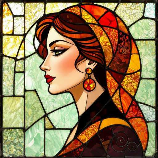 A detailed digital painting of a woman's profile, rendered in the style of stained glass. The artwork features a stylized portrait with vibrant colors and intricate patterns, reminiscent of Art Nouveau or Islamic art. The woman has a dark complexion, striking red lips, and expressive eyes with long, dark eyelashes. Her hair is voluminous and styled in a way that frames her face. She wears a patterned headscarf with geometric designs, and large, circular earrings adorn her ears. The background is a mosaic of colorful glass pieces, creating a visually stunning and textured effect. The overall composition is balanced and harmonious, with the woman's profile taking center stage.