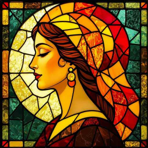 A detailed digital painting of a woman's profile, rendered in the style of stained glass art. The artwork features a woman with long, flowing brown hair adorned with a patterned head covering in warm tones of yellow, orange, and red. Her face is serene, with closed eyes and delicate features highlighted by warm skin tones. She wears a red garment with yellow accents, and her earrings are large, circular, and golden-red. The background is a mosaic of colorful glass pieces in various shades of green, blue, and brown, creating a vibrant and intricate design. The overall style is reminiscent of Art Nouveau or Islamic geometric patterns, with a focus on symmetry and intricate detail. The lighting is soft and diffused, enhancing the depth and texture of the glass-like medium.