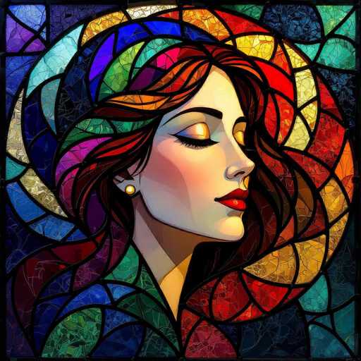 A digital painting in the style of stained glass art, depicting a woman with long, flowing red hair. The woman is in profile, facing left, with her eyes closed and a serene expression. Her skin has a warm, golden tone, and she wears vibrant red lips. The background is an intricate, circular design of colorful glass panels, with a mix of blues, greens, yellows, reds, and purples. The overall style is detailed and slightly surreal, with a focus on the interplay of light and color.