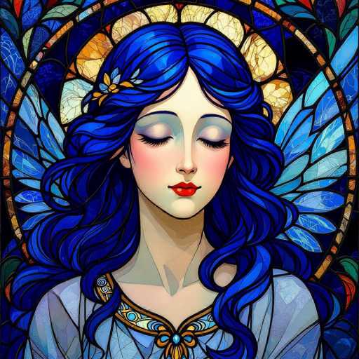 A digital painting in the style of a stained-glass window, depicting a serene woman with flowing blue hair and closed eyes. She is wearing a light blue garment adorned with intricate gold and blue details, including a floral-like design around the neckline. Her skin is fair, with rosy cheeks and vibrant red lips. The background features a complex, colorful stained-glass design with geometric patterns in shades of blue, yellow, and orange. The overall style is detailed and ethereal, with a focus on soft lighting and rich colors.