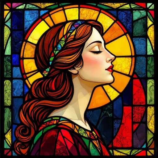 A digital painting in the style of a stained-glass window, depicting a woman with flowing red hair and a serene expression. She is wearing a colorful garment with intricate patterns, and her head is adorned with a patterned headband. The background features a vibrant, sunburst-like design in warm colors like yellow and orange, with cool blues and greens adding depth. The overall style is detailed and artistic, evoking a sense of tranquility and beauty.