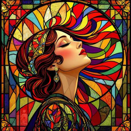 A vibrant, detailed digital painting of a woman with flowing red hair, styled in an Art Nouveau or stained-glass aesthetic. She is depicted with her eyes closed and head tilted upwards, bathed in a warm, colorful light emanating from the intricate stained-glass window surrounding her. The woman's face is delicate, with rosy cheeks and full lips, adorned with ornate earrings. Her clothing features swirling patterns in deep blues and greens, complementing the vibrant colors of the window. The overall style is reminiscent of a digital stained-glass panel, with sharp lines and bold color transitions. The image exudes a sense of serenity and dreamlike beauty.