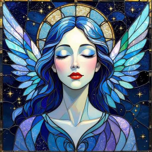 A digital painting of an angel with flowing blue hair and large, iridescent wings. The angel is depicted in a serene pose, eyes closed, with soft, glowing light emanating from within. The background is a deep blue, adorned with stars and celestial patterns, creating a mystical and ethereal atmosphere. The style is reminiscent of stained glass art, with intricate details and vibrant colors.