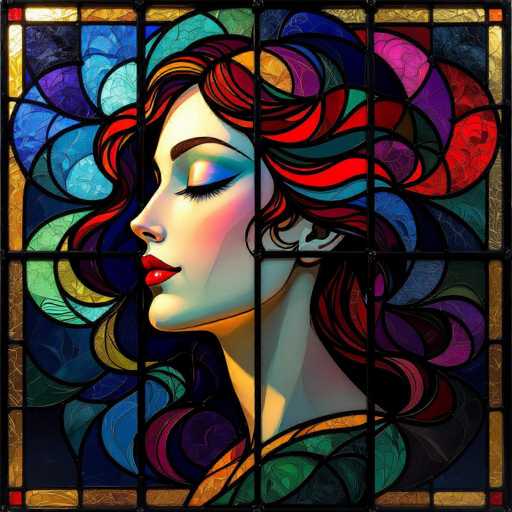 A digital painting of a woman's profile, rendered in the style of stained glass. The artwork features vibrant, swirling colors – deep blues, emerald greens, fiery reds, and rich purples – forming a stylized, almost dreamlike portrait. The woman's hair is voluminous and curls in a dynamic, flowing pattern, mirroring the colorful patterns of the stained glass. Her eyes are closed, and her lips are painted a bold red, adding to the overall intensity of the piece. The background is dark and abstract, emphasizing the woman's profile as the focal point. The overall effect is one of ethereal beauty and intricate detail, reminiscent of a vintage stained-glass window.