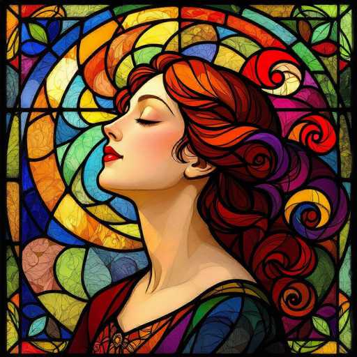 A digital painting in the style of stained glass art, depicting a woman with flowing red hair and closed eyes. She is wearing a colorful garment with swirling patterns of purple, blue, green, and orange. The background features a vibrant, kaleidoscopic pattern of colorful geometric shapes reminiscent of stained glass windows. The overall style is detailed and intricate, with a focus on rich colors and textures.