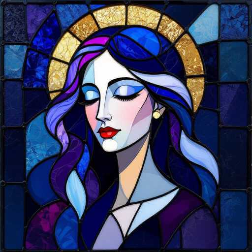 A digital artwork in the style of stained glass, depicting a woman with long, flowing hair. The woman has a stylized face with large, expressive eyes and full lips. Her hair is primarily deep blue and purple, with lighter shades of blue and lavender adding highlights. She wears a golden halo around her head. The background is a mosaic of various shades of blue and purple, creating a sense of depth and texture. The overall style is modern and artistic, with a focus on color and form.