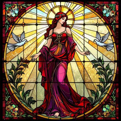 A detailed stained-glass illustration of a woman in a flowing, ornate gown, standing with outstretched hands and surrounded by radiant light. The style is reminiscent of a vintage stained-glass window, with intricate details and vibrant colors. Two doves are depicted flying near her, symbolizing peace or purity. The overall composition is a circular design with a decorative border.