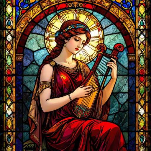 A detailed digital painting of a woman playing a lyre, rendered in the style of an Art Nouveau stained-glass window. The woman is seated and wearing a flowing red dress with gold accents, her hair adorned with blue and gold details. She is playing the lyre with a serene expression on her face, her fingers delicately touching the strings. The background is filled with intricate patterns and colors typical of stained glass, including deep blues, vibrant reds, and warm yellows. The overall style is detailed and ornate, with a focus on light and color to create a visually stunning image.
