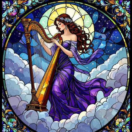 A beautiful stained-glass illustration of a woman playing a harp, surrounded by clouds and stars. The style is reminiscent of Art Nouveau or vintage stained-glass designs, with intricate details and vibrant colors. The woman is wearing a flowing purple gown and has long, curly red hair adorned with a floral crown. She's playing the harp with grace and appears to be in a dreamlike, ethereal setting. The overall mood is serene and magical.