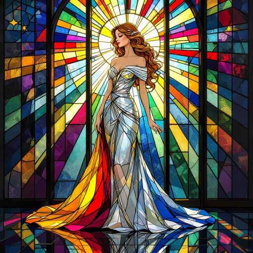 A woman in a stunning, flowing gown of rainbow-colored stained glass stands before a large stained-glass window. The woman has long, wavy auburn hair and is wearing an off-the-shoulder gown with a shimmering, iridescent quality. The stained glass window behind her is filled with vibrant colors and intricate patterns, creating a dazzling effect. She stands on a reflective surface that mirrors the window's colors and her gown, creating a sense of depth. The overall style is digital art with a focus on vibrant colors and intricate details, evoking a sense of wonder and ethereal beauty.