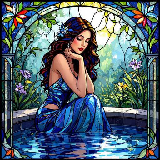 A digital painting in the style of a stained-glass window, depicting a woman gracefully seated in a pool of water. She is wearing a flowing blue dress with intricate patterns, and her long, wavy hair cascades down her shoulders. She rests her chin on her hands, gazing serenely into the water. The background features lush greenery and vibrant flowers, all rendered with a detailed, slightly stylized aesthetic typical of stained-glass art. The overall color palette is rich and saturated, with a focus on cool blues and vibrant jewel tones.