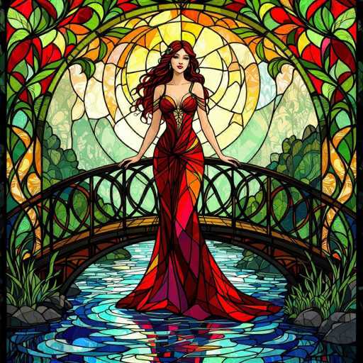 A woman in a vibrant, flowing red and orange gown stands on an ornate, stained-glass bridge over a shimmering blue stream. The woman has long, flowing red hair and is wearing delicate, ornate jewelry. She gazes serenely at the viewer with a gentle smile. The background is filled with lush, colorful foliage and intricate stained-glass patterns, creating a fantastical, dreamlike atmosphere. The overall style is reminiscent of Art Nouveau or stained-glass window art.