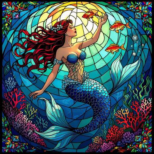 A vibrant, detailed digital illustration in the style of a stained-glass window depicts a beautiful mermaid. The mermaid has long, flowing red hair adorned with a delicate floral crown and wears a shimmering blue and silver seashell top. Her tail is a stunning mosaic of teal, turquoise, and light blue scales with intricate patterns. She gazes upwards with a serene expression, her right hand outstretched as if reaching for the sunlight streaming through the window. 

Several small, brightly colored fish swim around her, adding to the underwater ambiance. The background is a complex network of colorful geometric patterns and radiating lines that mimic the design of a stained-glass window. The overall color palette is rich and saturated, with deep blues, vibrant teals, warm oranges, and touches of purple and pink. The illustration is highly detailed, showcasing intricate textures in the mermaid's scales and the window design.
