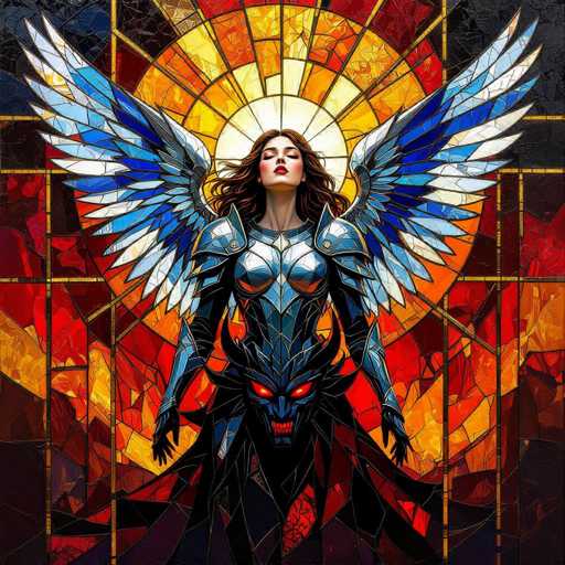 A digital artwork in the style of stained glass, depicting a powerful female figure with large, ornate blue and white wings. She is clad in a dark, intricately detailed armor that appears to be a fusion of angelic and demonic elements. Her face is serene yet determined, with long, flowing brown hair. She stands in front of a radiant, circular sunburst background, and her posture suggests strength and power. The overall color palette is rich and vibrant, with deep reds, oranges, and blues dominating the scene. The artwork has a highly detailed, almost mosaic-like texture, characteristic of stained glass art.