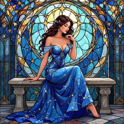 A beautiful woman in a stunning blue gown with star details sits gracefully on an ornate stone bench, gazing pensively at a large stained-glass window. The woman has long, flowing brown hair adorned with a delicate floral crown and wears elegant earrings. Her expression is serene, and her pose exudes elegance and poise. The stained-glass window features intricate patterns of blue, gold, and white, creating a magical, ethereal atmosphere. The overall style is reminiscent of a digital painting with a focus on intricate details and soft lighting, evoking a sense of fantasy and enchantment.