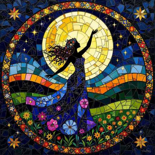 A vibrant, intricate mosaic-style artwork depicts a woman in silhouette standing beneath a radiant, circular sun. The woman is positioned at the center of the composition, her arms outstretched towards the light. She wears a flowing blue dress adorned with colorful floral patterns and is crowned with a decorative headpiece. 

The sun itself is a dazzling burst of yellow, orange, and white, with radiating lines suggesting solar flares. The background is a deep blue, dotted with stars of various sizes and colors. Surrounding the woman and sun are stylized landscapes in shades of green, blue, orange, and purple, representing rolling hills and a vibrant earth. 

The overall style is reminiscent of stained glass art, with the mosaic pieces creating a sense of depth and texture. The artwork exudes a feeling of peace, harmony, and connection to nature, with the woman seemingly bathed in the warm glow of the sun.