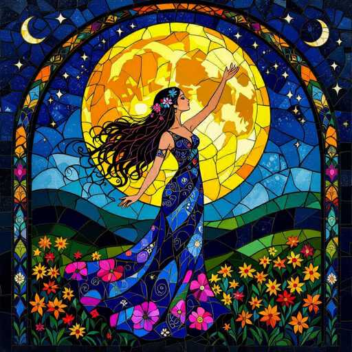 A vibrant, detailed stained-glass illustration of a woman in a flowing blue dress with floral patterns, standing beneath a large, glowing yellow moon. She has long, dark hair adorned with flowers and is looking upwards with her arms outstretched towards the moon. The background features a dark, starry sky and a colorful landscape of green hills and flowers at the bottom. The overall style is reminiscent of Art Nouveau or a fantasy illustration, with intricate details and a dreamlike quality.