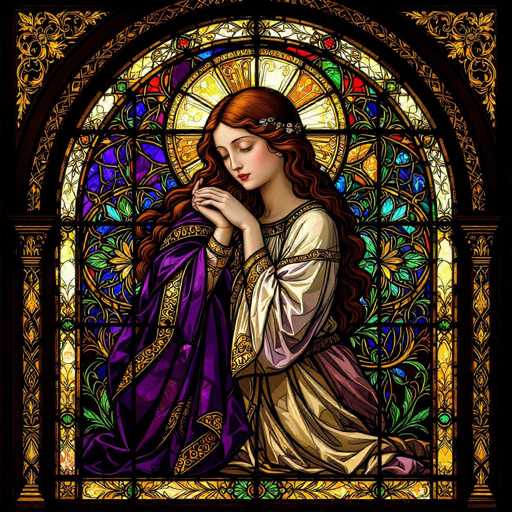 A detailed, digitally-created stained glass window depicts a woman in prayer. She is kneeling with her hands clasped together, eyes closed in a posture of reverence or contemplation. Her long, flowing auburn hair cascades down her shoulders and is adorned with a delicate floral circlet. She wears a long, flowing gown in shades of cream and gold, with a rich purple cloak draped over her shoulders. The background is filled with vibrant stained glass patterns in various colors, including deep blues, reds, greens, and yellows. The overall style is reminiscent of medieval or Renaissance art, with intricate details in the design and a soft, ethereal quality. The window is framed by an ornate, dark border with decorative patterns.
