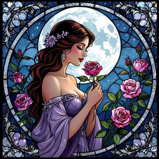 A digital illustration in the style of a stained-glass window, depicting a beautiful woman with long, flowing auburn hair and delicate features. She is wearing a purple gown adorned with silver details and holding a single pink rose in her hands, gazing down at it. The woman is positioned within a circular window frame with a dark blue background and intricate patterns of silver and purple. Behind her, a large, luminous full moon hangs in the center, partially obscured by swirling clouds. The overall color palette is rich and vibrant, with a focus on deep blues, purples, pinks, and silver accents. The style is detailed and ornate, with a slightly vintage or fantasy aesthetic.