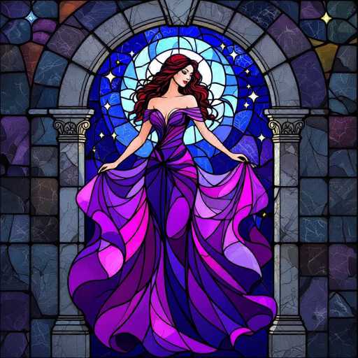 A digital illustration in the style of stained glass art depicts a woman standing before a large, ornate window. The woman is wearing a flowing, purple gown with vibrant pink accents and long, curly red hair. She has a serene expression and is looking slightly to the right. The window itself is a detailed stained glass design with intricate patterns of blue, purple, and gold, featuring a sunburst-like center. The overall style is reminiscent of Art Nouveau or fantasy art, with a focus on rich colors and detailed textures. The lighting is soft and ethereal, highlighting the woman's figure and the intricate details of the stained glass.