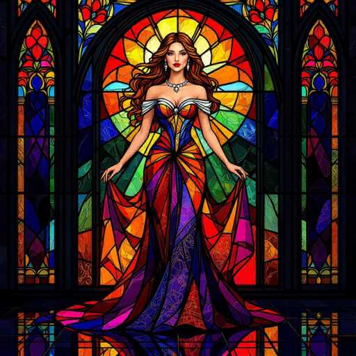 A digital painting of a woman in an elaborate, flowing gown standing before a stained-glass window. The woman has long, wavy auburn hair and is wearing a detailed, ornate gown with vibrant colors like purple, orange, blue, and pink. She is wearing a pearl necklace and earrings. The stained-glass window behind her features intricate patterns of colorful glass, with a large central design and smaller panels on either side. The overall style is reminiscent of Art Nouveau or stained-glass art, with a focus on intricate details and rich colors. The woman is positioned in the center of the frame, with her arms outstretched as if welcoming or embracing. The lighting is soft and ethereal, highlighting the details of the gown and the stained-glass window.