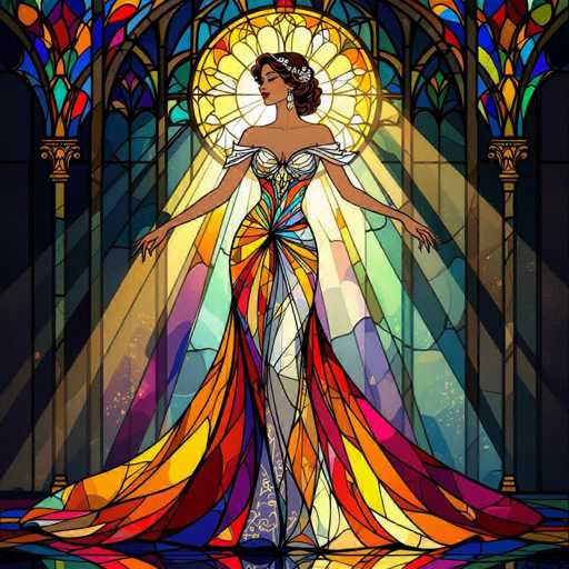 A woman in a vibrant, flowing gown stands bathed in radiant light. The dress is a kaleidoscope of colors – fiery oranges, deep reds, vibrant yellows, and cool blues – all swirling together in a dynamic, almost liquid design. The gown's fabric appears to shimmer and reflect light, creating a sense of depth and movement. She stands in front of a stained-glass window with intricate, colorful patterns that cast rainbow-colored rays onto the floor. Her hair is styled in an elegant updo, adorned with a delicate floral accessory. She gazes upwards with a serene expression, her arms outstretched as if embracing the light. The overall atmosphere is one of ethereal beauty and otherworldly grace, with a strong emphasis on vibrant color and light.