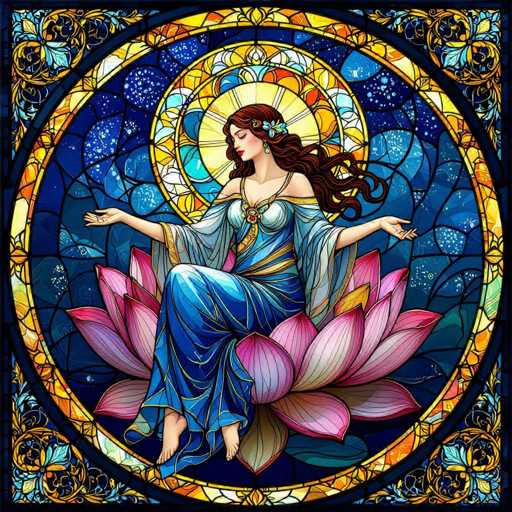 A vibrant, detailed stained-glass illustration of a woman meditating on a lotus flower. The woman is seated in a serene pose, with her arms outstretched and eyes closed, radiating a sense of peace. She is wearing flowing blue robes adorned with golden accents and a golden crown, surrounded by intricate patterns of light and shadow. The lotus flower is a rich blend of pinks and purples, with delicate details in the petals. The background features a circular design with swirling patterns of blue and gold, creating a mystical and ethereal atmosphere. The overall style is reminiscent of traditional stained-glass art, with a focus on intricate details and vibrant colors.