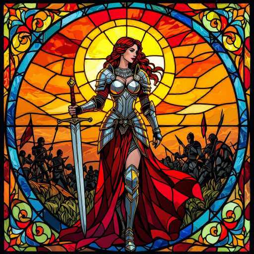 A vibrant, detailed digital illustration in the style of a stained-glass window depicts a heroic female knight standing in a dynamic, fantastical battle scene. The central figure is a powerful woman with flowing red hair, clad in ornate silver and red armor. She holds a large, intricately designed sword aloft with one hand while the other rests on her hip. Her expression is determined and resolute, looking slightly to her left. 

The background features a dramatic sunset or sunrise with warm oranges and yellows radiating from behind her, creating a glowing aura. A large circular sunburst dominates the background, with intricate patterns and radiating lines of light. 

The scene is filled with a large army engaged in battle, rendered in darker shades of grey and black. Soldiers are depicted in various poses – some charging forward with swords, others engaged in combat, and flags wave in the distance. The overall style is highly detailed, with sharp lines and rich color palettes reminiscent of traditional stained-glass art. The composition is balanced, drawing the viewer's eye to the central knight while showcasing the epic scale of the battle.