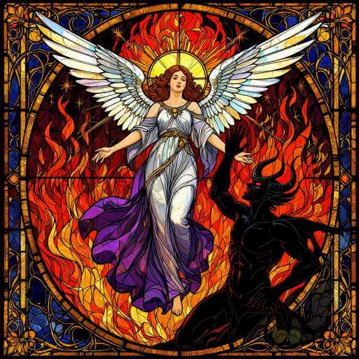 A detailed stained-glass style illustration depicts an angel standing in a fiery, celestial setting. The angel is positioned centrally within a circular frame, with vibrant colors and intricate patterns reminiscent of traditional stained-glass art. The angel is depicted as a woman with flowing white and purple robes, large white wings, and a halo of golden light. She has fair skin and long red hair, with her arms outstretched in a gesture of peace or blessing. 

Below the angel is a dark, shadowy figure resembling a demon or devil, kneeling in a posture of supplication. The demon is also rendered in stained-glass style with sharp, curved horns and a dark, textured body. The background is filled with swirling flames of orange, red, and yellow, creating a dramatic and intense atmosphere. 

The overall style is highly detailed and symbolic, with the use of light and shadow to emphasize the contrast between good (the angel) and evil (the demon). The composition is balanced, with the angel's outstretched arms drawing the viewer's eye towards the center of the image. The stained-glass effect is enhanced by the use of sharp lines and vibrant colors, creating a visually striking and captivating image.