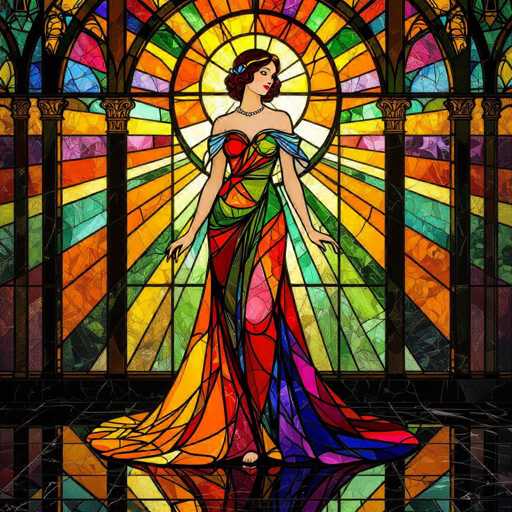 A woman in a vibrant, flowing gown stands before a stained-glass window. The gown is a kaleidoscope of colors – fiery reds, warm oranges, vibrant yellows, deep blues, and rich purples – all swirling together in a dynamic, flowing design. The stained-glass window behind her is equally colorful, with intricate patterns and a radiating sunburst effect. The woman's pose is graceful, with her arms outstretched as if embracing the light. Her hair is styled in a classic updo, and she wears a delicate necklace. The floor reflects the scene, creating a mirrored image of the woman and the window. The overall style is reminiscent of Art Nouveau or stained-glass art, with a focus on color and light.