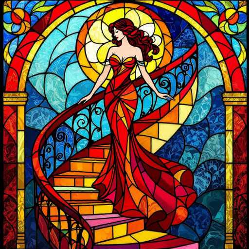 A vibrant stained-glass illustration of a woman gracefully descending a swirling staircase. The woman is wearing a flowing, red gown with intricate details and her hair cascades down her shoulders. She's positioned in the center of the image, with a large, sun-like halo behind her head. The staircase is made of colorful glass tiles and curves upwards, leading to a bright, circular backdrop filled with swirling patterns. The overall style is reminiscent of Art Nouveau or stained-glass window designs, with a focus on intricate details and bold colors. The image is highly detailed and visually striking, creating a sense of fantasy and elegance.