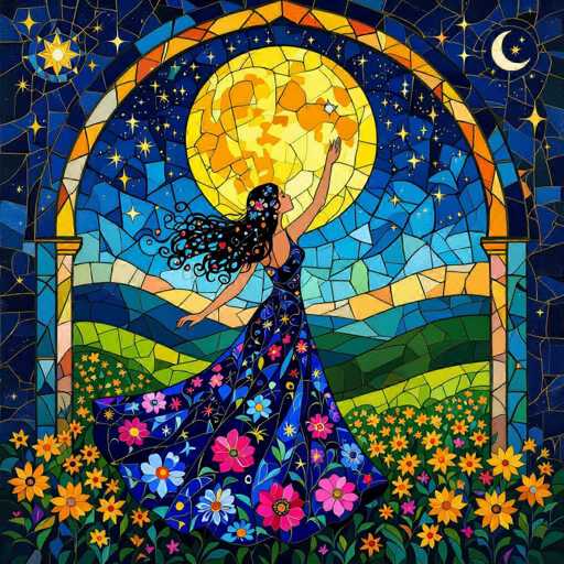 A vibrant, colorful stained-glass style illustration of a woman in a flowing blue dress with floral patterns standing beneath a large, glowing yellow moon. She has long, curly black hair and is looking up with her arms outstretched towards the moon. The background features a stylized landscape of rolling green hills, a deep blue sky with stars, and a golden archway framing the scene. The overall style is reminiscent of Art Nouveau or psychedelic art, with a focus on intricate details and bold colors.