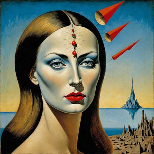 The image depicts an abstract painting featuring a woman with long brown hair and red lipstick. The background is a blue sky with three red cones floating above it. The painting has a cubist style, characterized by geometric shapes and bold colors.