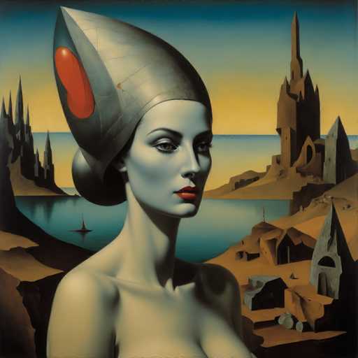 The image depicts an artist's interpretation of a woman with a large headdress and long hair. The painting is executed in the style of surrealism, characterized by dreamlike imagery and unexpected juxtapositions. The background features a castle-like structure on the right side and a body of water on the left side.