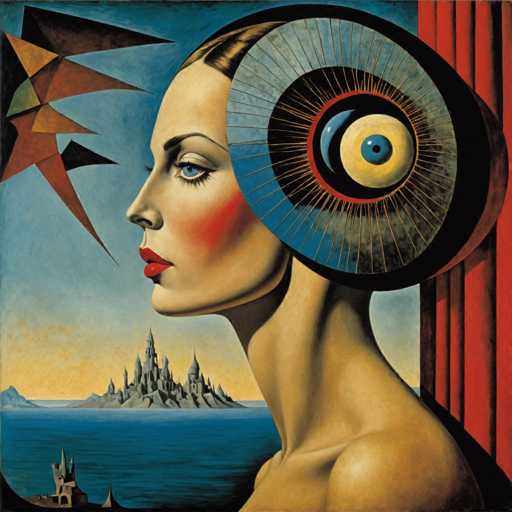 The image depicts an artist's interpretation of a woman with a large headdress and a crown on her head. The background features a castle-like structure and the ocean beyond it.