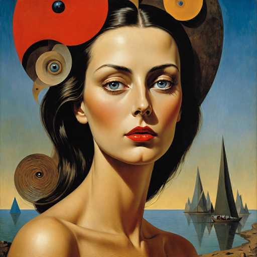 The image is an oil painting that depicts a woman with long dark hair and red lipstick wearing a hat. The background features a blue sky with white clouds and two boats sailing on the water.