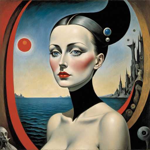 The image depicts an artist's portrait of a woman with a black hair bun and red lipstick. The painting is done in the impressionist style, characterized by loose brushstrokes that emphasize color and light over detail. The background features a blue sky with clouds and mountains, creating a serene atmosphere.